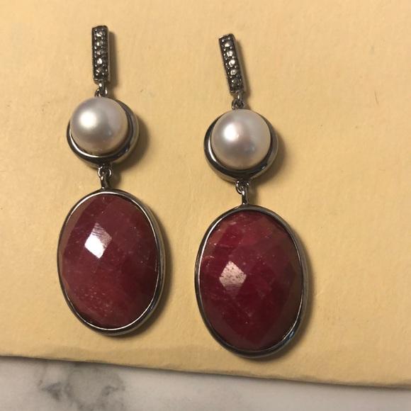 Jewelry - Sterling silver, pearl & faceted ruby drop earrings